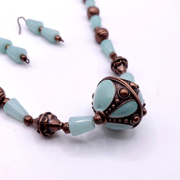 Vntg Handmade Amazonite Gemstones Necklace 18”with Enamel Pendant and Earrings - Picture 8 of 8